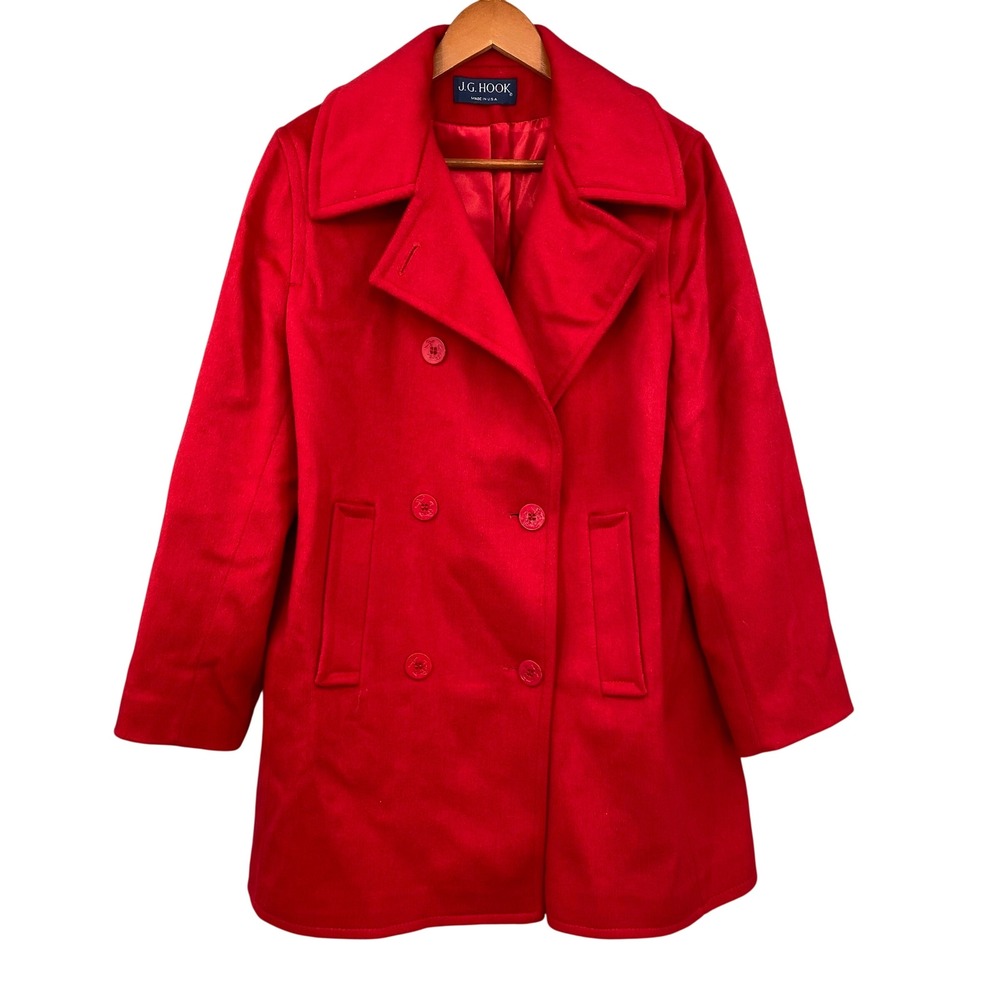 J.G. Hook Red Double Breasted Wool Peacoat Anchor Buttons Women's Large Nautical